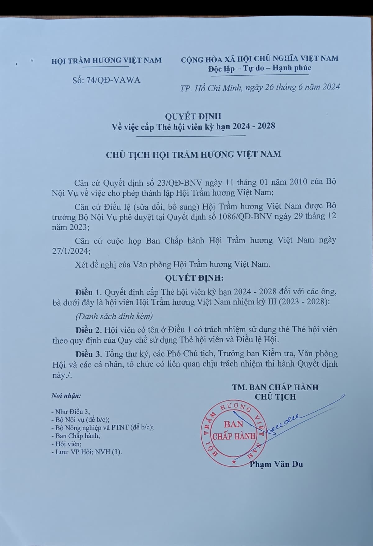 Danh sách hội viên Hội Trầm hương Việt Nam được cấp Thẻ hội viên kỳ hạn 2024-2028