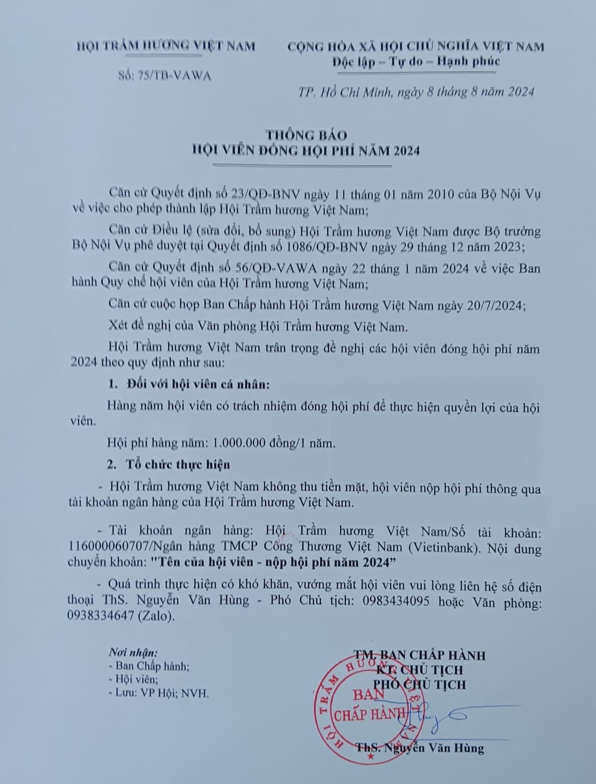 THÔNG BÁO HỘI VIÊN ĐÓNG HỘI PHÍ NĂM 2024