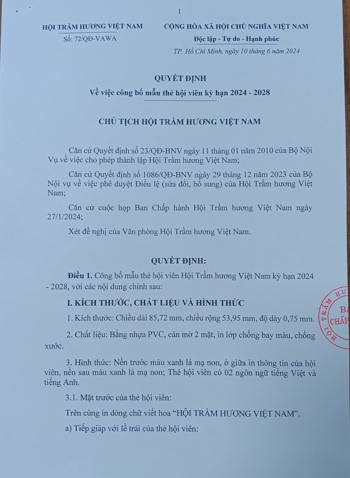 Quyết định về việc công bố mẫu thẻ hội viên Hội Trầm hương Việt Nam kỳ hạn 2024-2028