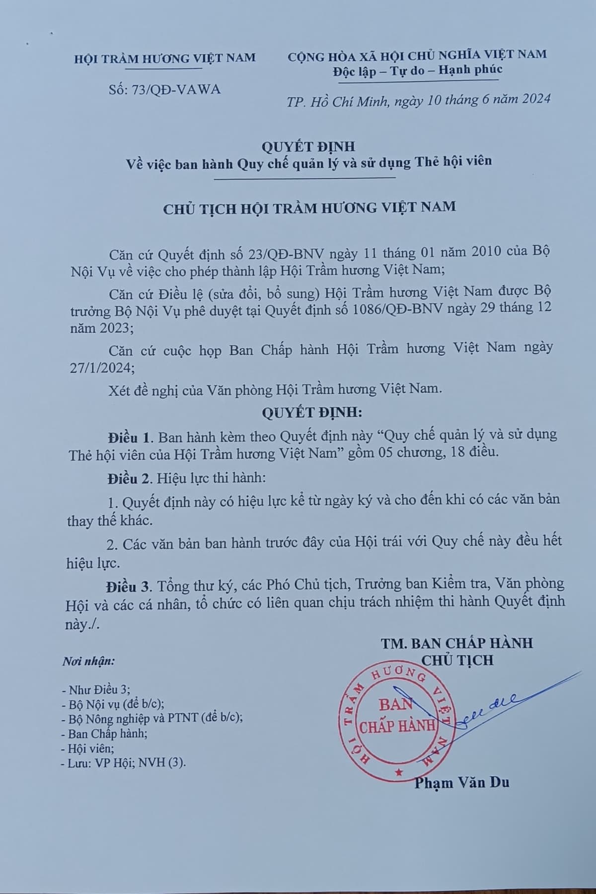 Quy chế quản lý và sử dụng thẻ hội viên Hội Trầm hương Việt Nam kỳ hạn 2024-2028