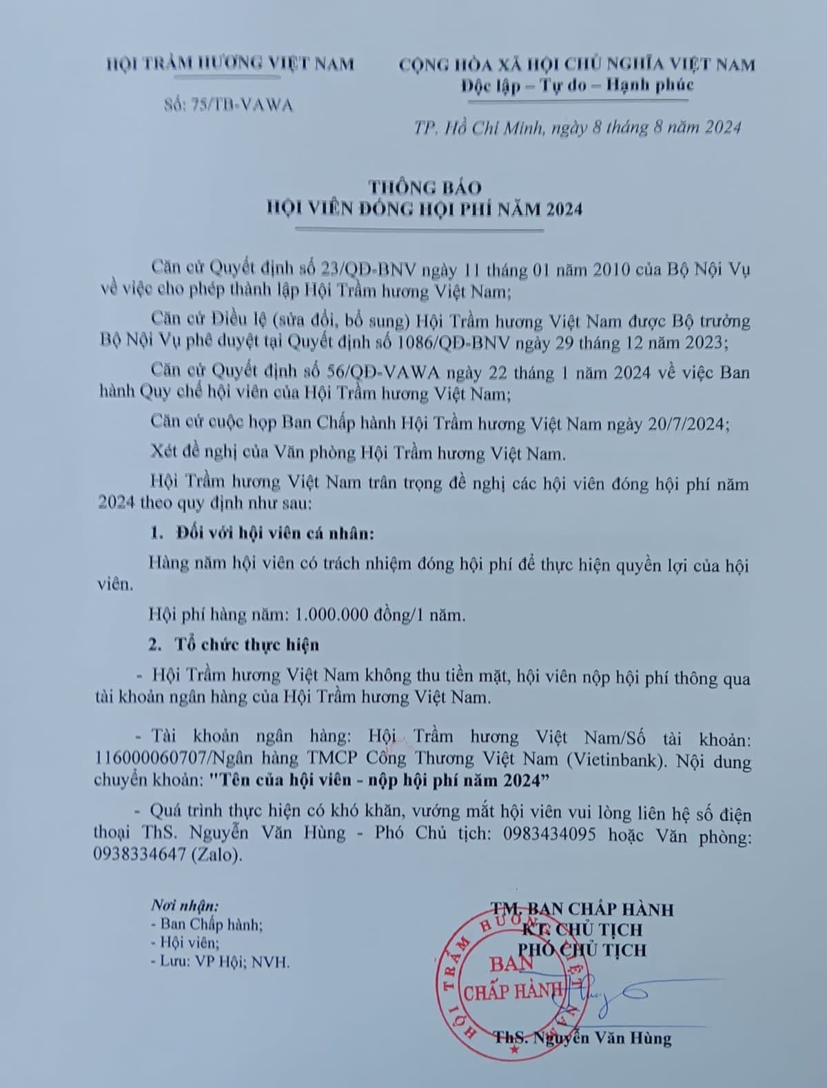 THÔNG BÁO HỘI VIÊN ĐÓNG HỘI PHÍ NĂM 2024