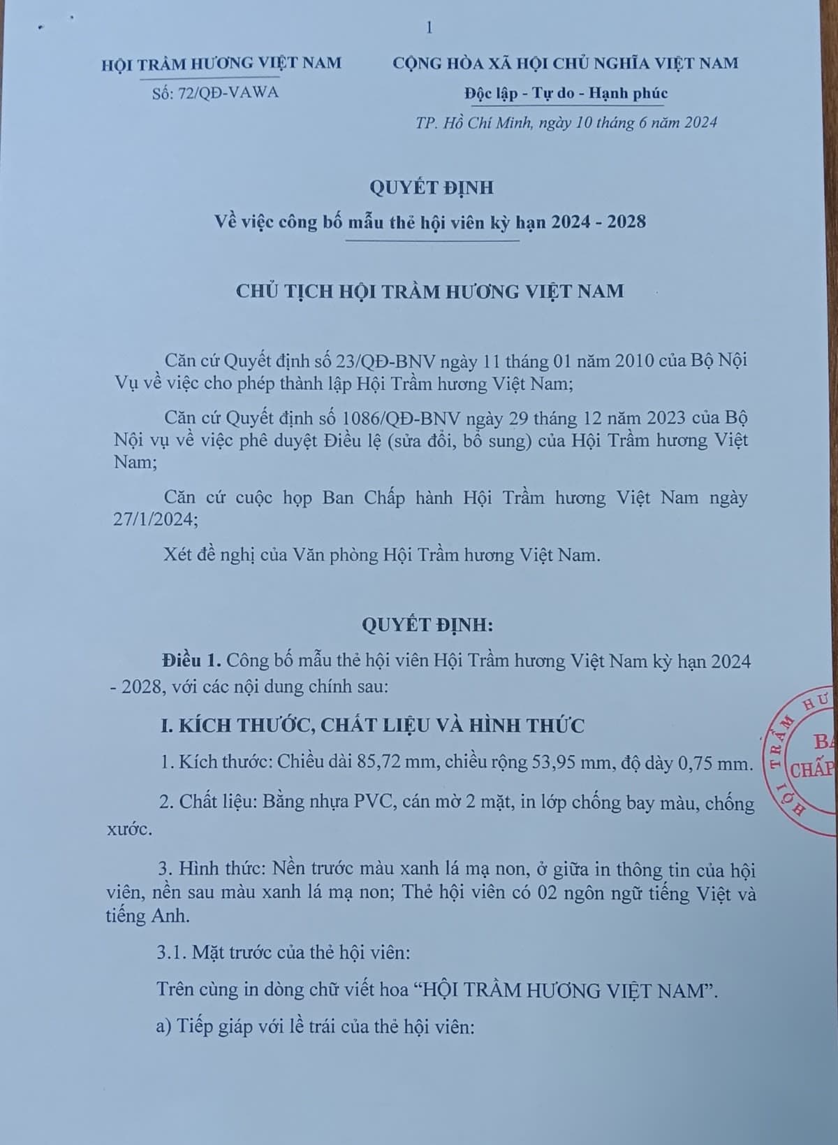 Quyết định về việc công bố mẫu thẻ hội viên Hội Trầm hương Việt Nam kỳ hạn 2024-2028